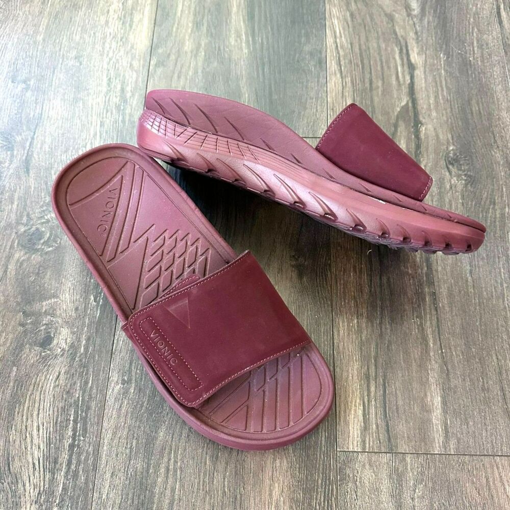 NWOT Vionic Rejuvenate Recovery Slide Sandal Shoe Cinder Rose Wine Red M11.5/W13